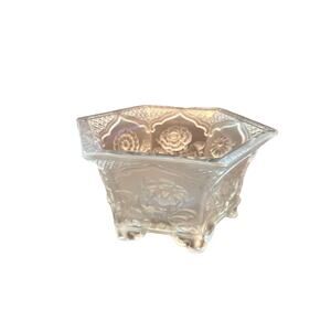 Vintage Frosted French Verlys Glass Six-Sided Bowl W/ Flowers Signed Footed Bowl